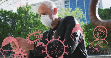 Poster - Image of covid 19 icons over senior man wearing face mask