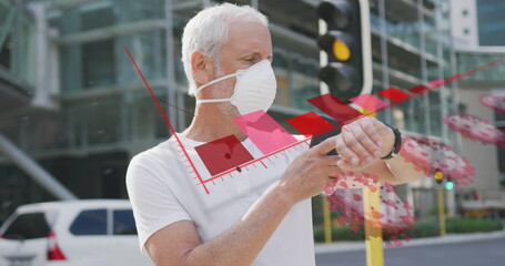 Poster - Image of data processing over senior man wearing face mask