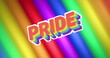 Image of pride text over rainbow stripes and colours moving on seamless loop