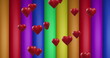 Image of red hearts over rainbow stripes and colours moving on seamless loop
