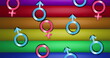 Image of male and female symbols over rainbow stripes and colours moving on seamless loop