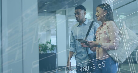 Poster - Image of financial data processing over diverse business people working in office