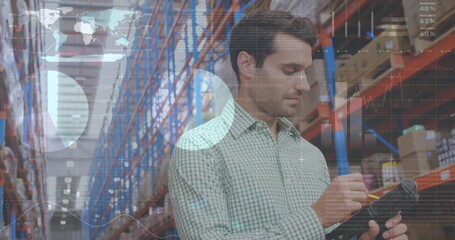 Poster - Image of data processing over man working in warehouse