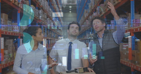 Poster - Image of data processing over people working in warehouse