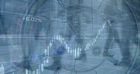 Poster - Image of financial data processing and clock over business people walking
