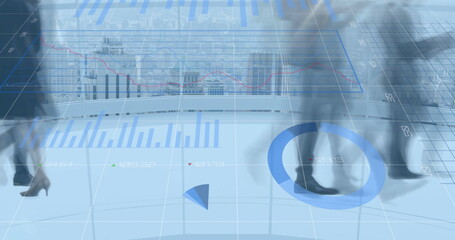 Poster - Image of financial data processing over business people walking