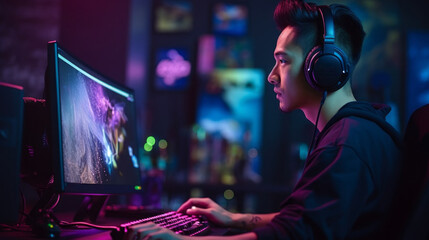 Poster - A confident Asian man, Gamer, streamer, Student wearing headphones, playing an online video game on a computer in a game room with neon pink blue lighting, Live streaming. Esports, Technology, concept