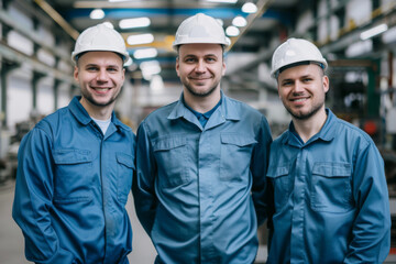 Wall Mural - Workers wearing white helmets and blue uniforms smile against the backdrop of the factory floor, their cheerful expressions adding vibrancy to the industrial environment.