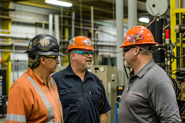 Wall Mural - Factory workers wearing hard hats and safety glasses engage in conversation within the factory workshop, surrounded by the presence of machine tools in the background.