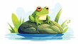 Happy frog on a stone in a pond. Flat illustration.