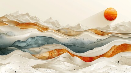 Poster - This is a white and gold hand drawn line pattern on a vintage landscape background. Sea art with a natural template. Banner design and wallpaper for a vintage feeling.
