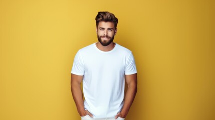 Wall Mural - Young man with beard in white t-shirt on yellow background. Mockup of t-shirt.