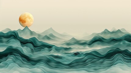 Poster - Landscape background with white and green hand drawn line pattern modern. Sea art with natural template. Banner design and wallpaper in vintage style.