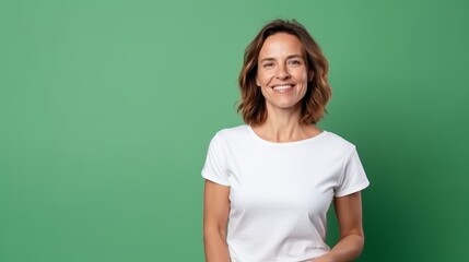Wall Mural - Woman in white t-shirt on green background. Mockup of t-shirt.