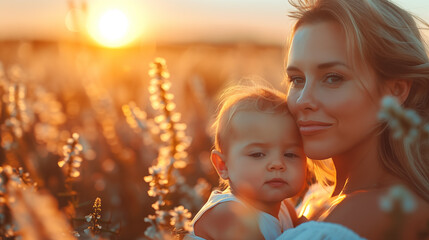 Wall Mural - Happy mother and daughter on wheat field at sunset. Motherhood concept.