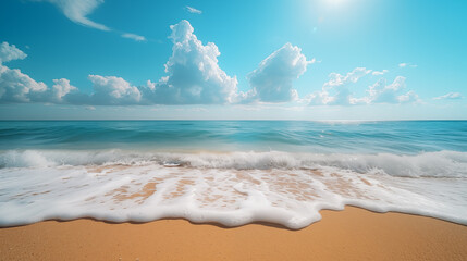 beautiful seascape with sandy beach and blue sky with clouds