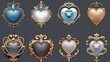 This medieval framework is a decorative metallic frame for a game avatar or menu banner design. Golden silver round and heart shape borders are adorned with curly edges and gemstones.