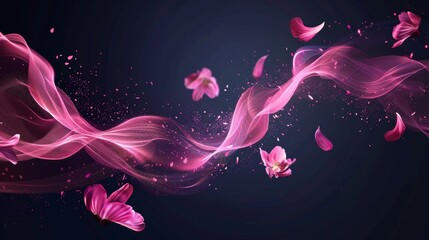 Wall Mural - Flowing pink swirls with flower petals on a black background. Modern realistic illustration of neon light waves with sakura blossoms, perfume aroma trail, magic power of romantic love.