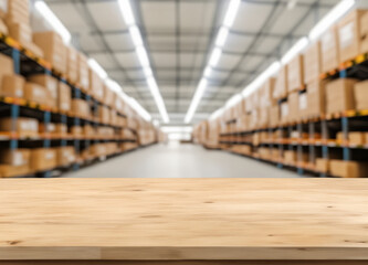 Wall Mural - Wood table with blurred warehouse background