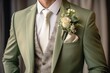 © LimeSky - Close-up wedding portrait of a fashionable groom in a green suit and white shirt with boutonniere.