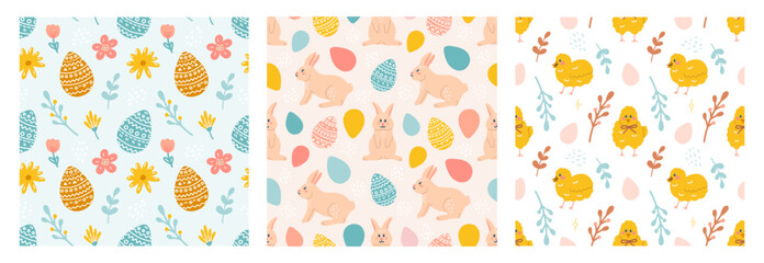 Canvas Print - happy easter. vector seamless pattern set. rabbit, easter eggs, flowers