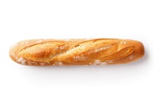 Isolated Top View Of A Fresh Crispy French Baguette On White.