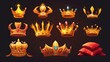 Game level rank icon for game UI. Cartoon modern illustration set of different stages of golden crown progress - broken, dirty, yellow, with pillow and gemstone.