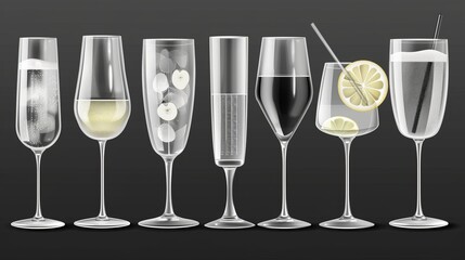 Sticker - Cocktail glass with various shapes for champagne and long drinks in realistic modern style. Transparent transparent glassware mockup for booze.