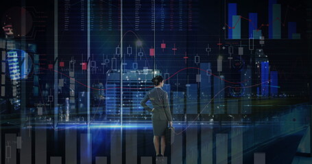 Poster - Image of financial data processing over businesswoman and cityscape
