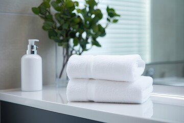 Wall Mural - A white towel in a bathroom with a close up view against a white backdrop