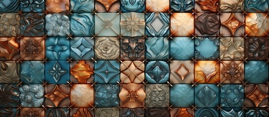 Poster - A closeup of a tiled wall with a symmetrical pattern in electric blue. The tiles resemble cobblestones arranged in a rectangular brick font