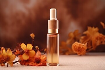 Poster - Autumn themed presentation of organic skincare products using amber glass dropper bottle and dried flowers on wooden disks against a beige background