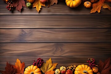 Sticker - Autumn themed scene featuring pumpkins leaves berries on a wooden table Copy space available Banner esque autumn background