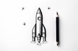 Black pencil with rocket outline on white paper background Creative inspiration concept of ideas