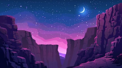 Wall Mural - Modern landscape of high rocky cliff edges over chasm against dark blue sky, crescent moon and stars. Mystic purple light from gap canyon.