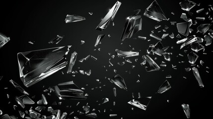 Wall Mural - Flowing broken glass pieces on a black background. Modern illustration of shattered mirrors, shards of ice crystal, and window fragments with uneven edges and blast effects.