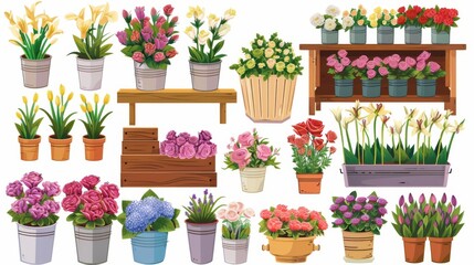 Canvas Print - Isolated white background with bunches of flowers, metal bucket vases, green plants in pots, and wooden shelf crates for flower shops.