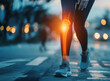 Jogger Läufer mit Knieproblemen, sichtbare Knohen und Schmerzen, KI gneeriert
