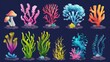 Various underwater ocean plants and reefs cartoon illustration set. Marine or aquarium bottom tropical bright creatures. exotic undersea flora elements.