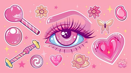 Canvas Print - In Y2K style, pink girly poster design template with groovy cute elements - female eye and lips, bubble gum ball, lollypop, heart, butterfly, and flowers. Modern set banner layout.