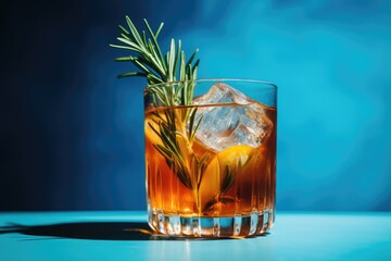 Poster - Blue background with a copy space featuring a peach cocktail, fizzy ice tea infused with fresh rosemary and lime.