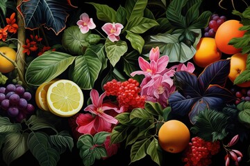 Wall Mural - Bountiful Bliss: A Scenic Tapestry of Exotic Fruits and Luscious Leaves