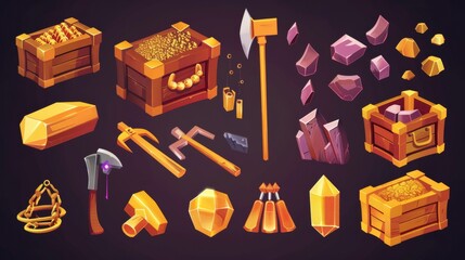 Sticker - Icons of gold mine equipment for game UI design. Cartoon icon set of gold and gem stone crystals, crate with precious metal and pickaxe. Tools for treasure miners.