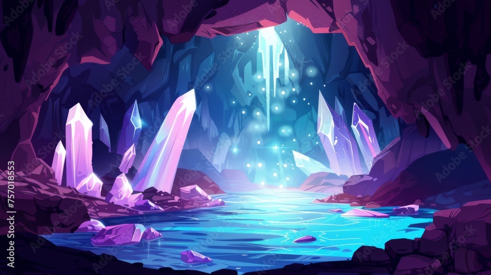 Waterfall with gemstone crystals in rocky walls in a cave with a river ...
