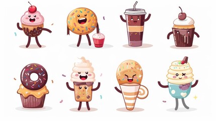 Wall Mural - Various retro restaurant mascots, pancakes, chocolate cookies, donuts, ice cream, muffins, coffee cups isolated on white background.