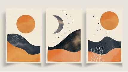 Poster - modern set of minimal banner or cover design layout in y2k style with simple line frame, moon sticke