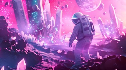 Sticker - Astronaut Exploring Crystal Terrain on Alien Planet with AI generated.
