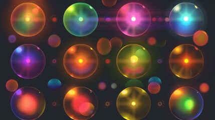 Poster - Modern design of rainbow dots, light refraction effect, holographic blurred circles, and vibrant design elements isolated on transparent background.