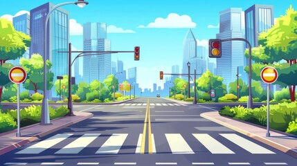 City street with pedestrian crossing. Cartoon illustration of a modern urban neighborhood with skyscrapers, green bushes, trees, and blue sky in the summertime.