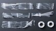 Modern realistic illustration of crumpled plastic sticky tape with wrinkled surface and irregular torn edges, sellotape packaging strips.
